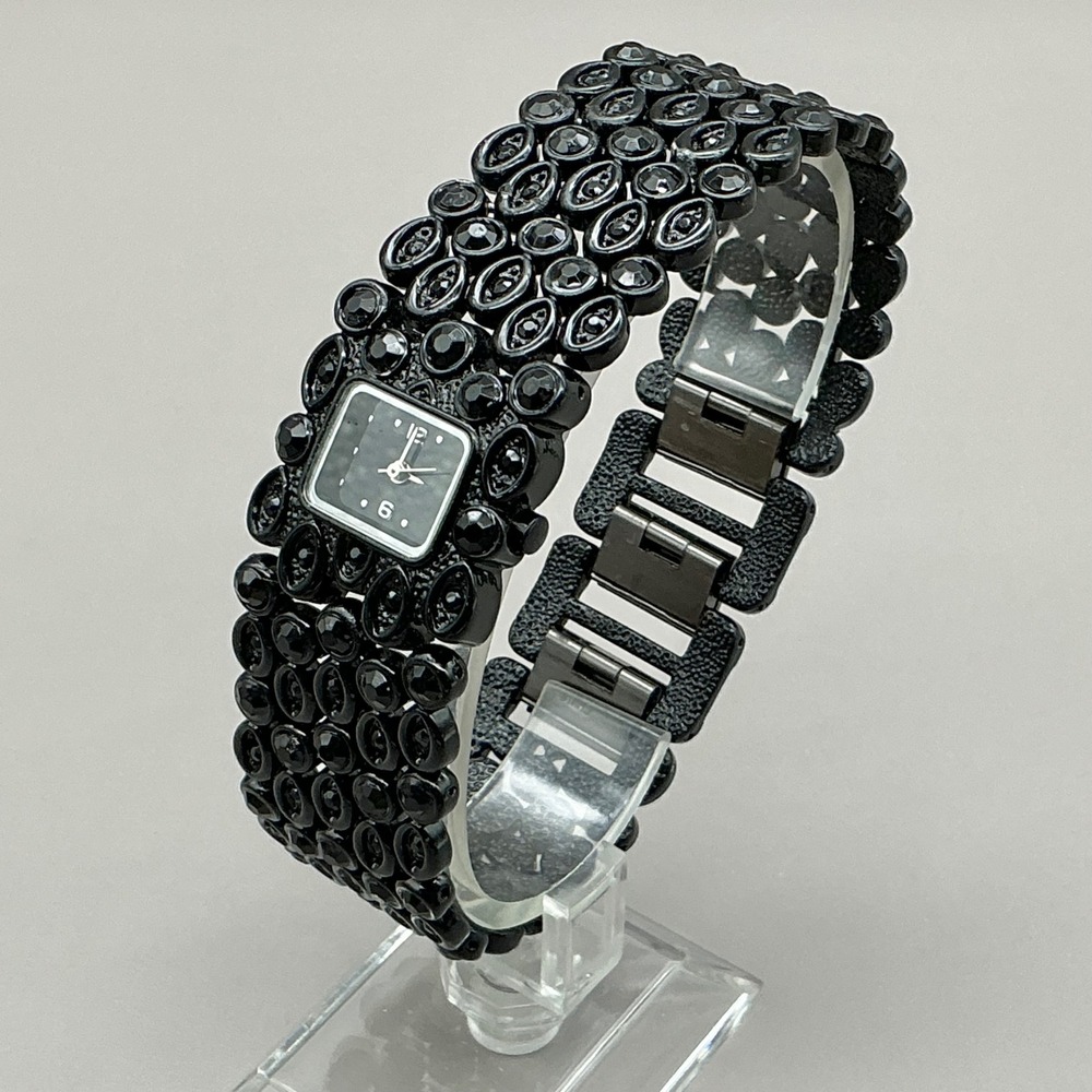 Watch Women Black Rhinestone Beaded Cuff Bracelet Square Face Analog NEW BATTERY